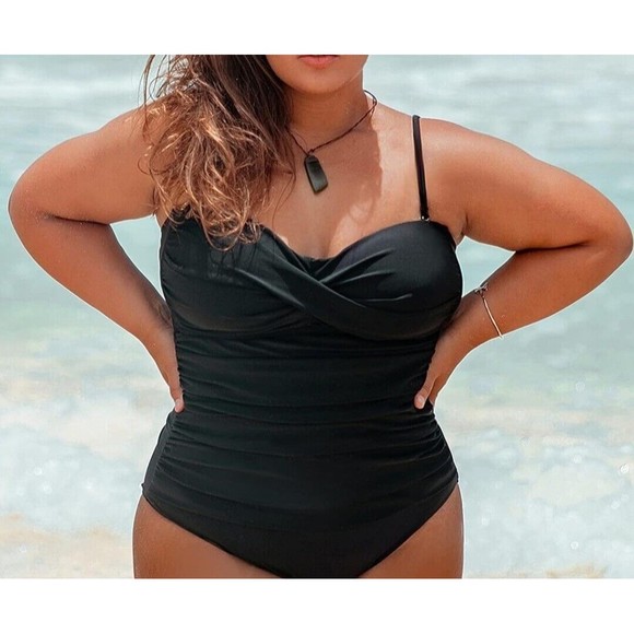 RELLECIGA Black One Piece High Cut Bandeau Adjustable Straps Swimsuit Size Large - Picture 4 of 11